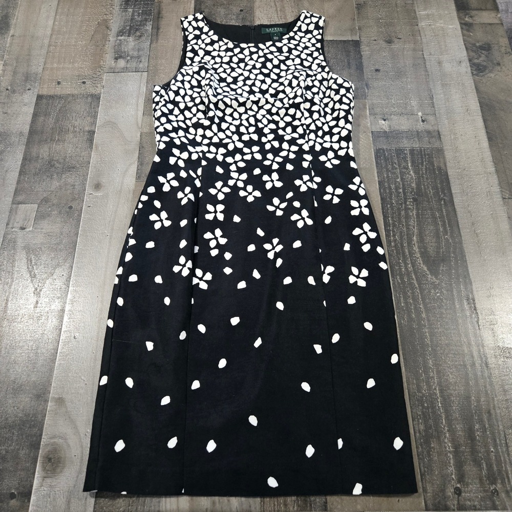 Lauren Ralph Lauren Black White Floral Petal Sheath Dress Sleeveless Size 8